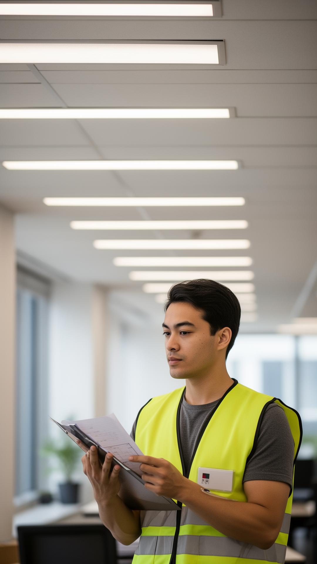 Engineer reviewing a lighting layout under newly installed LED panels